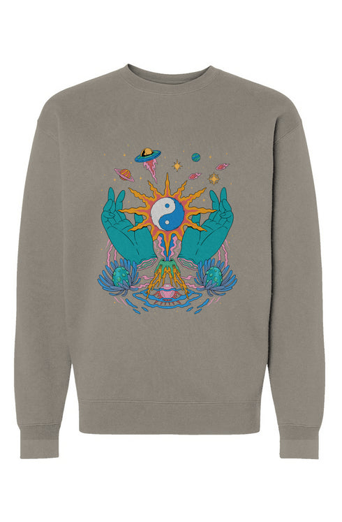 Yin / Yang Premium Heavyweight Crewneck Sweatshirt with esoteric designs, 10 oz. cotton/poly blend, oversized fit, perfect for streetwear and cosmic adventures.